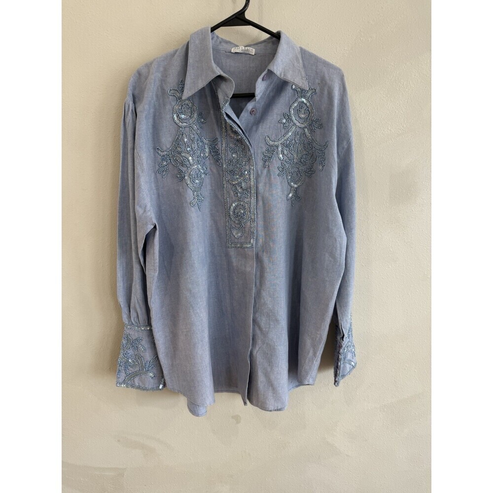 Vintage Suzette International Paris Sante Fe Women’s Blouse Blue Beaded Large L